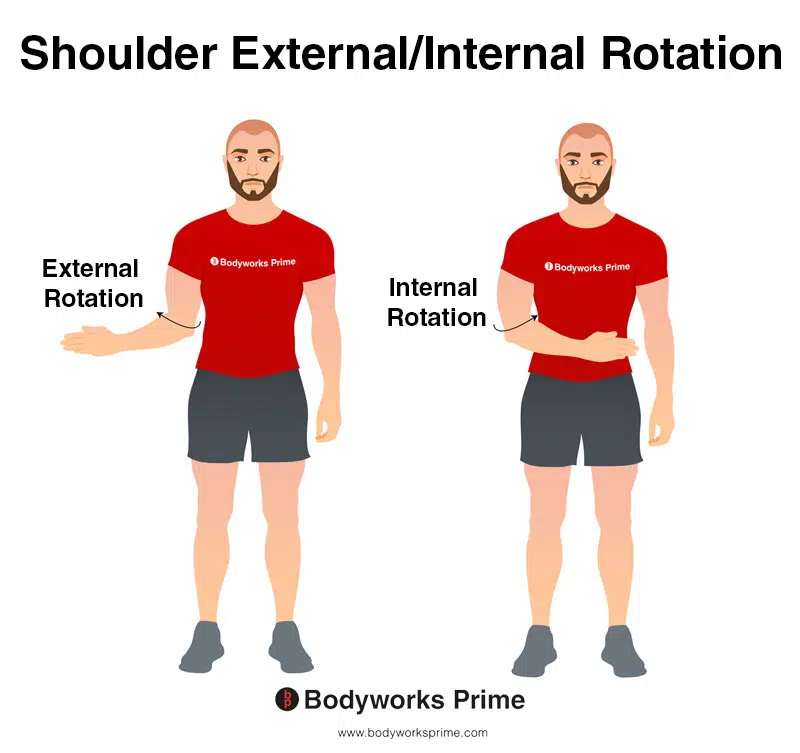 Image of a person demonstrating the movements of shoulder internal and external rotation.